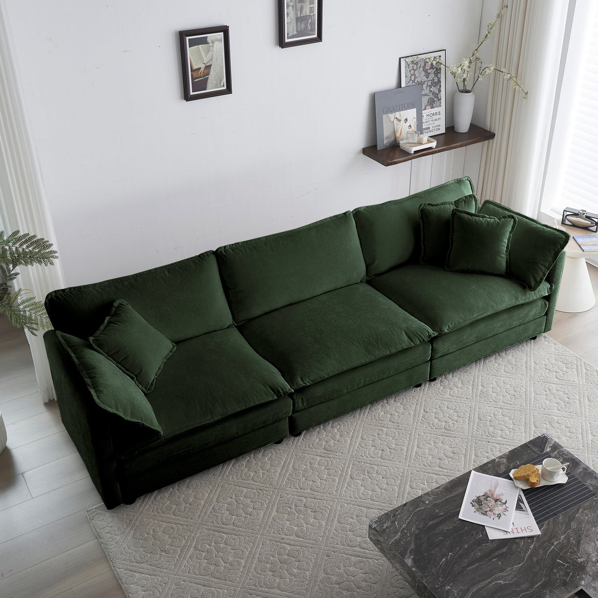 Mid-Century Modern 3-Seater Sofa with Green Chenille Upholstery