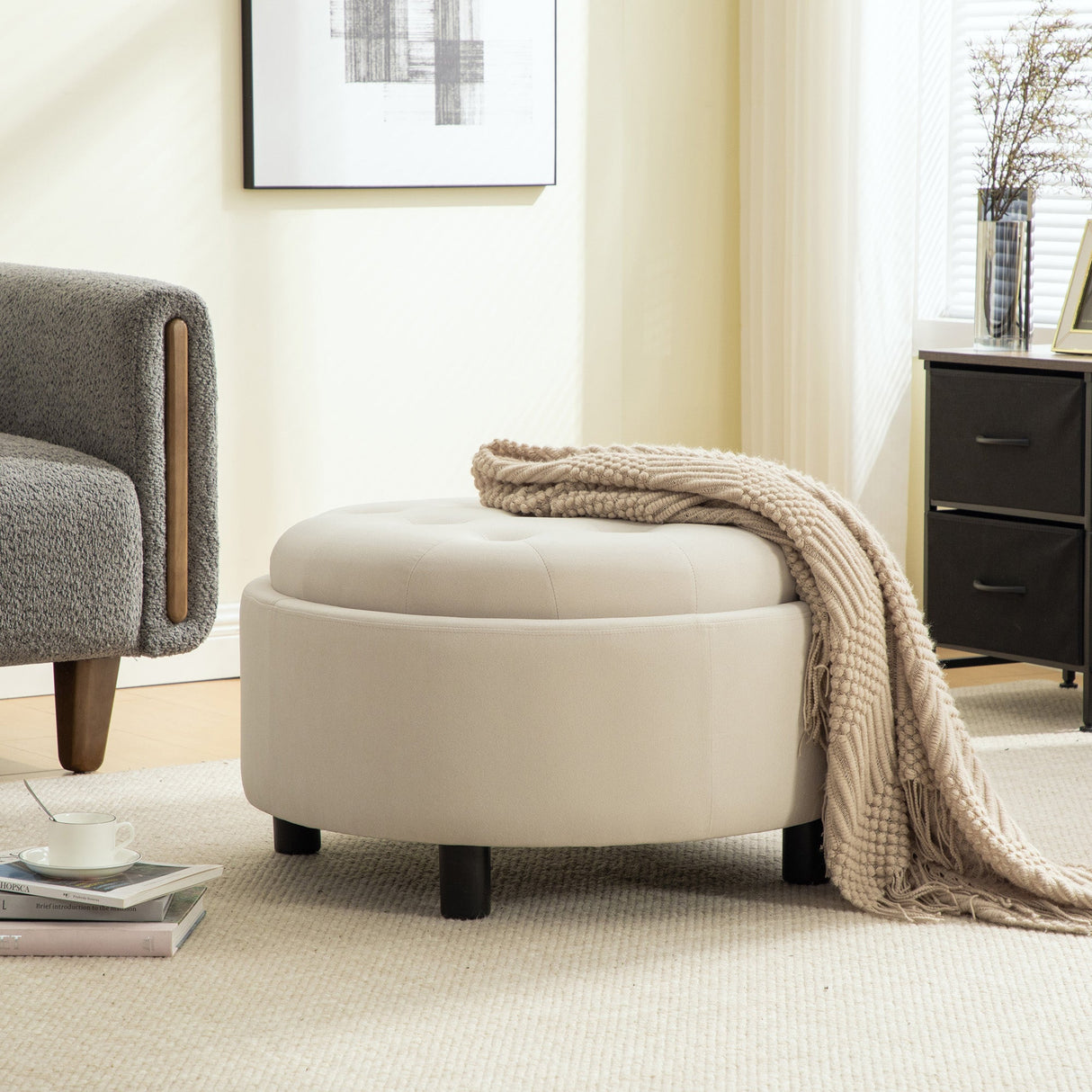 29.33"W Upholstered Round Ottoman With Reversible Lid