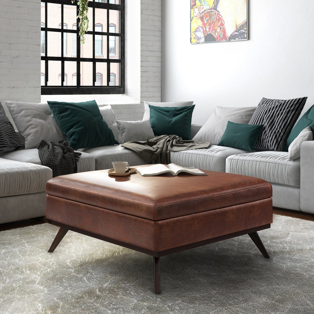 Owen XL Square Coffee Table Storage Ottoman - Distressed Saddle Brown