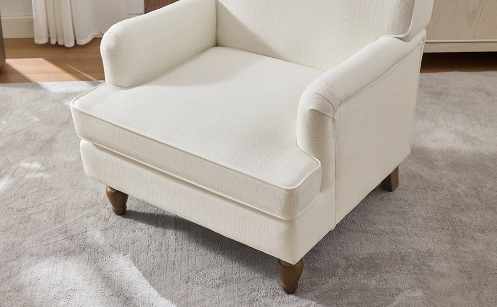 Vintage Upholstered Linen Fabric Armchair with Antique Solid Wood Legs