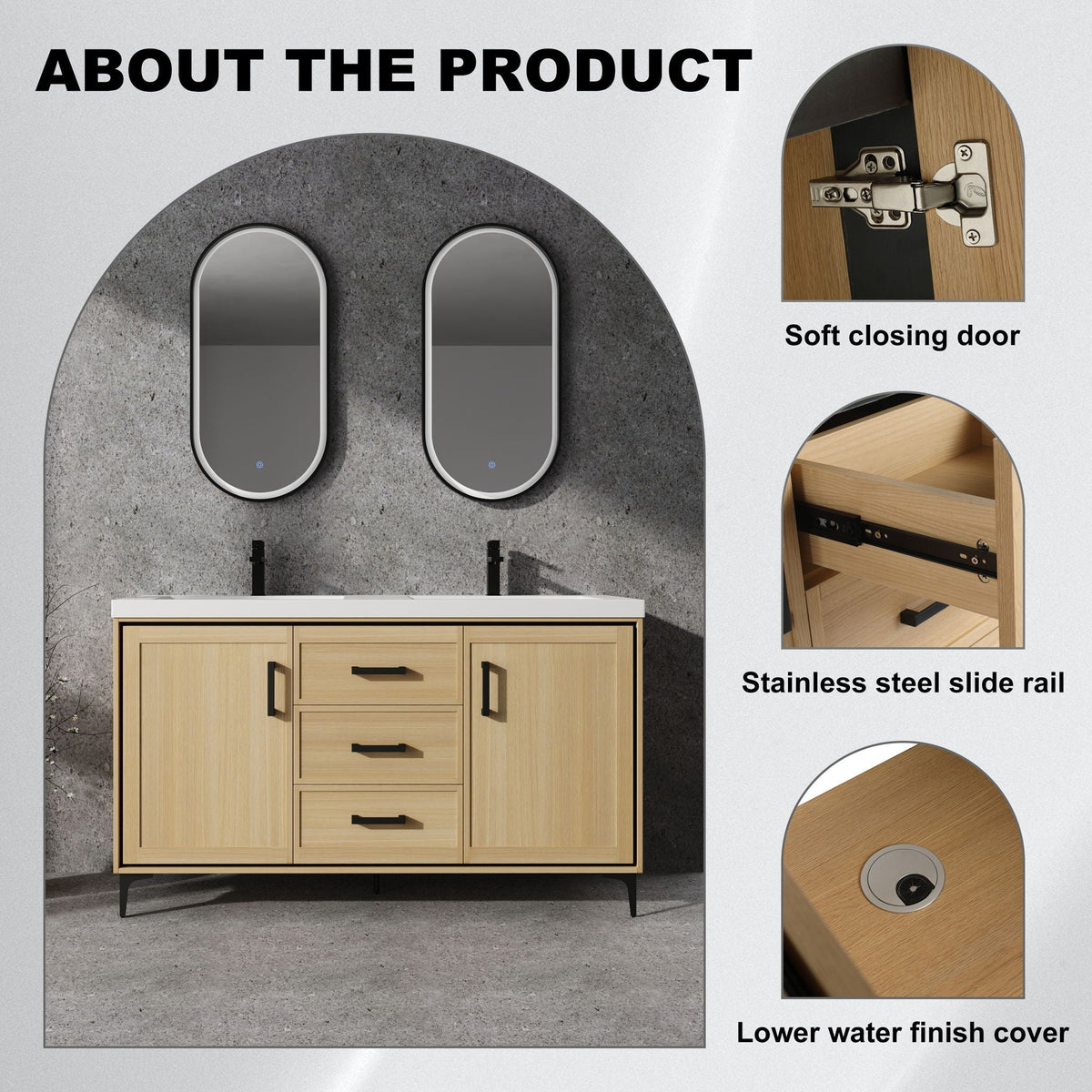 Original 60" Freestanding Bathroom Vanity With Double Resin Sink Plywood Soft Closing Doors & Drawers - Oak