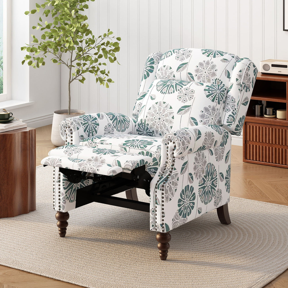 Push Back Recliner Chair Upholstered With Classic Wing Back And Solid Gourd-Shaped Legs