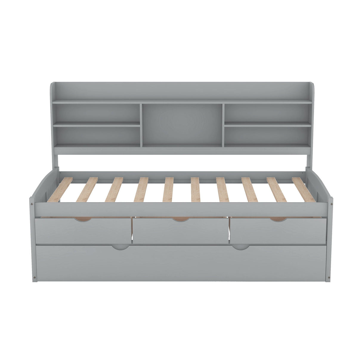 Captain Bed With Built In Bookshelves, 3 Storage Drawers, And Trundle