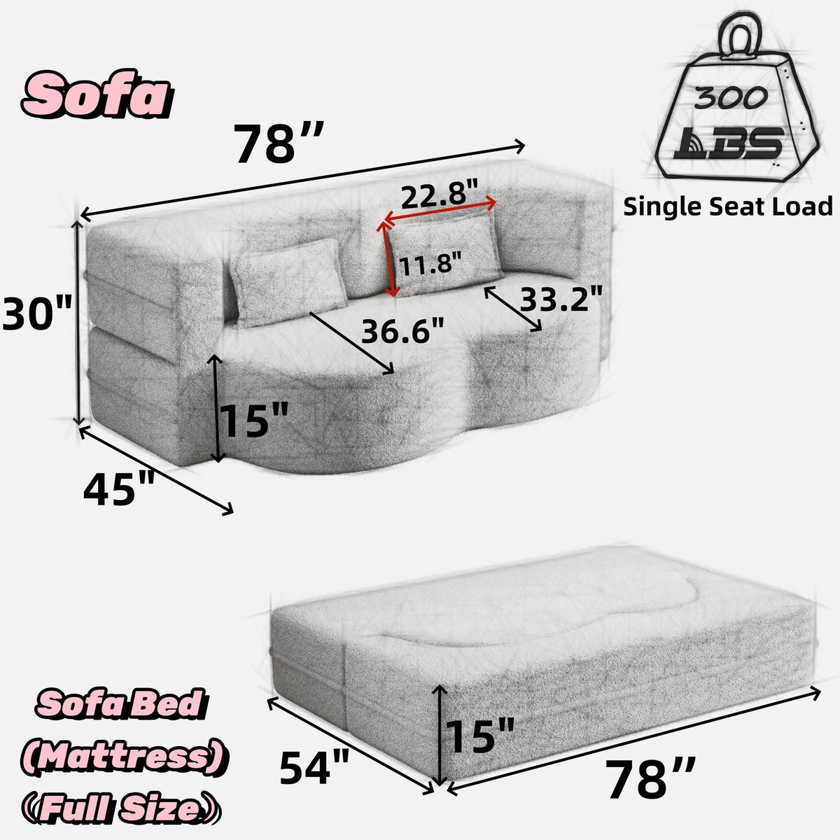 Modern Floor Sofa with 2 Pillows, Convertible Teddy Fabric Foam Filled Bed