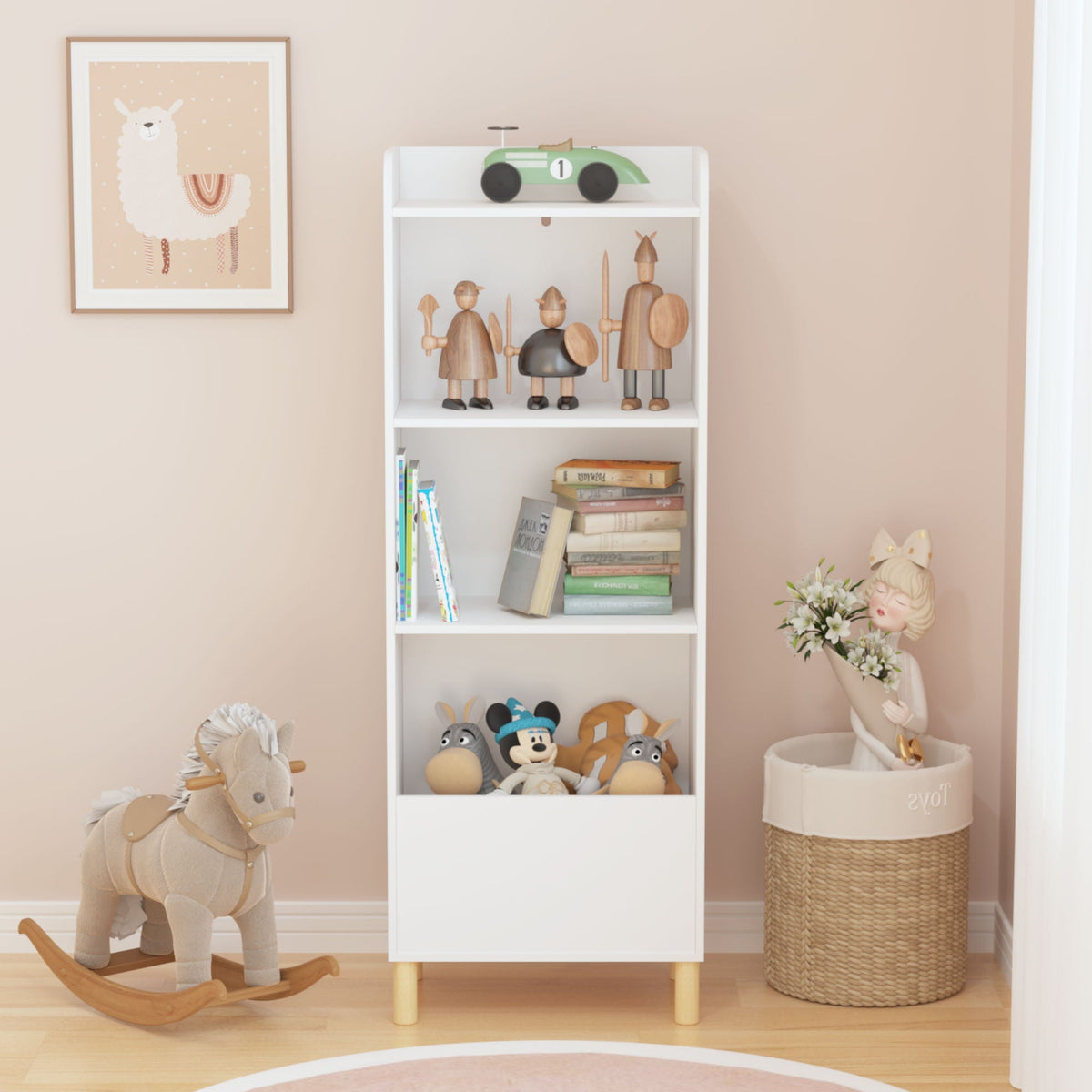 4 Tier Bookcase, Book Display With Safety Restraint, Storage Cabinet For Playroom - White