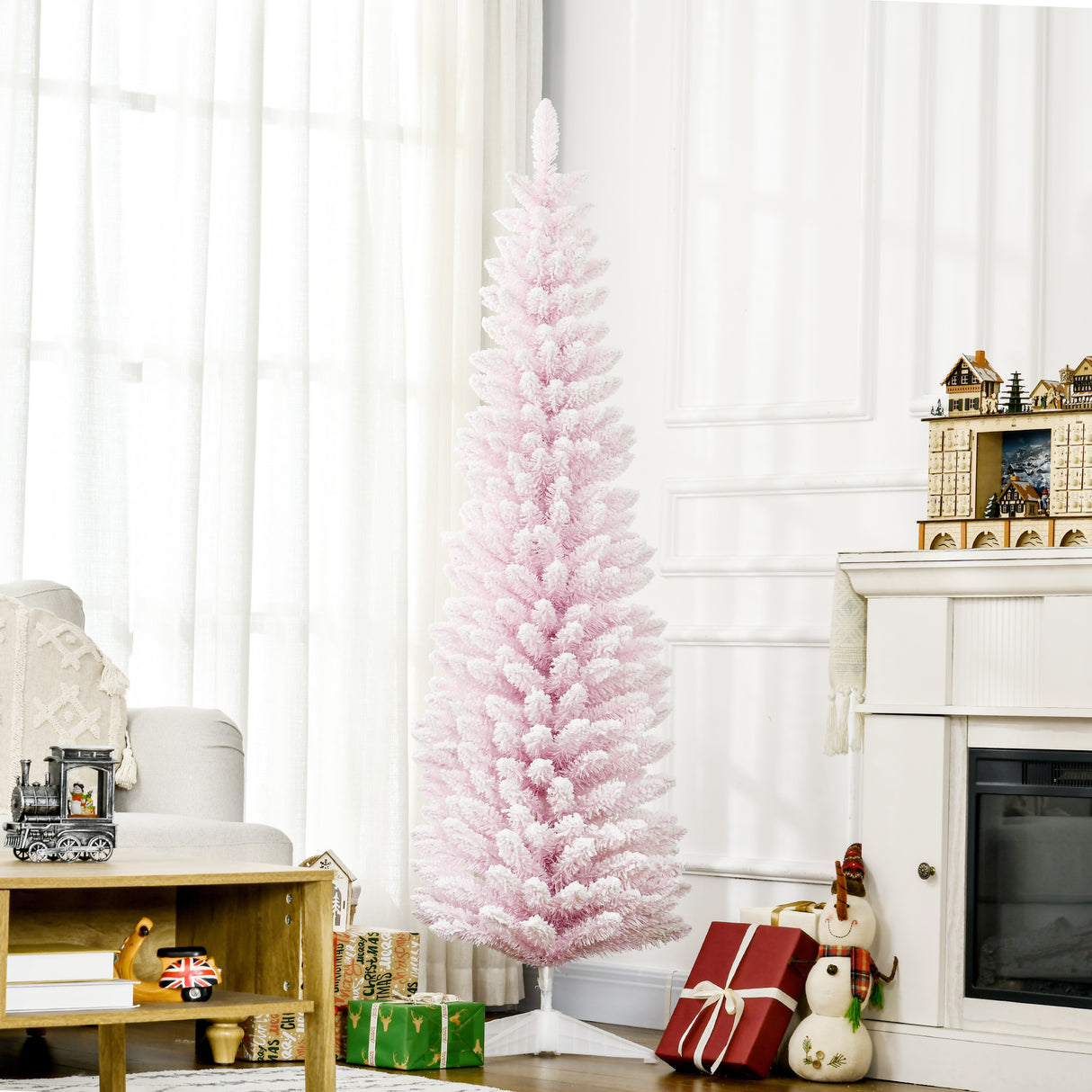 6'-Snow-Flocked-Pencil-Christmas-Tree,-Slim-Pink-Christmas-Tree