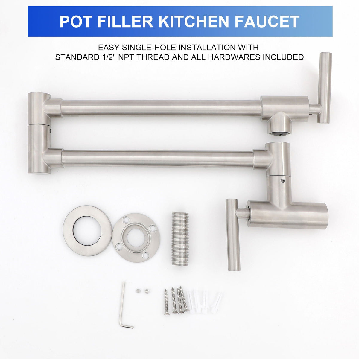 Wall Mount Pot Filler Faucet Folding Stretchable Kitchen Sink Faucet With 2 Handles - Brushed Nickel