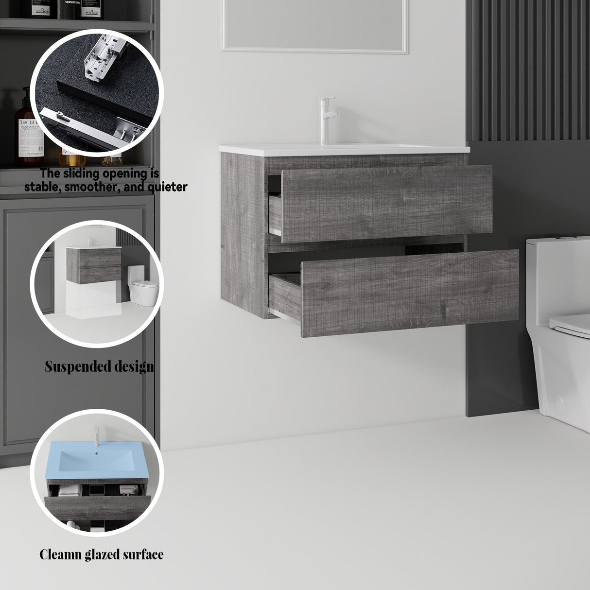 24 Inch Floating Bathroom Vanity with Sink, Soft-Close Drawer, Ceramic Sink, Plywood