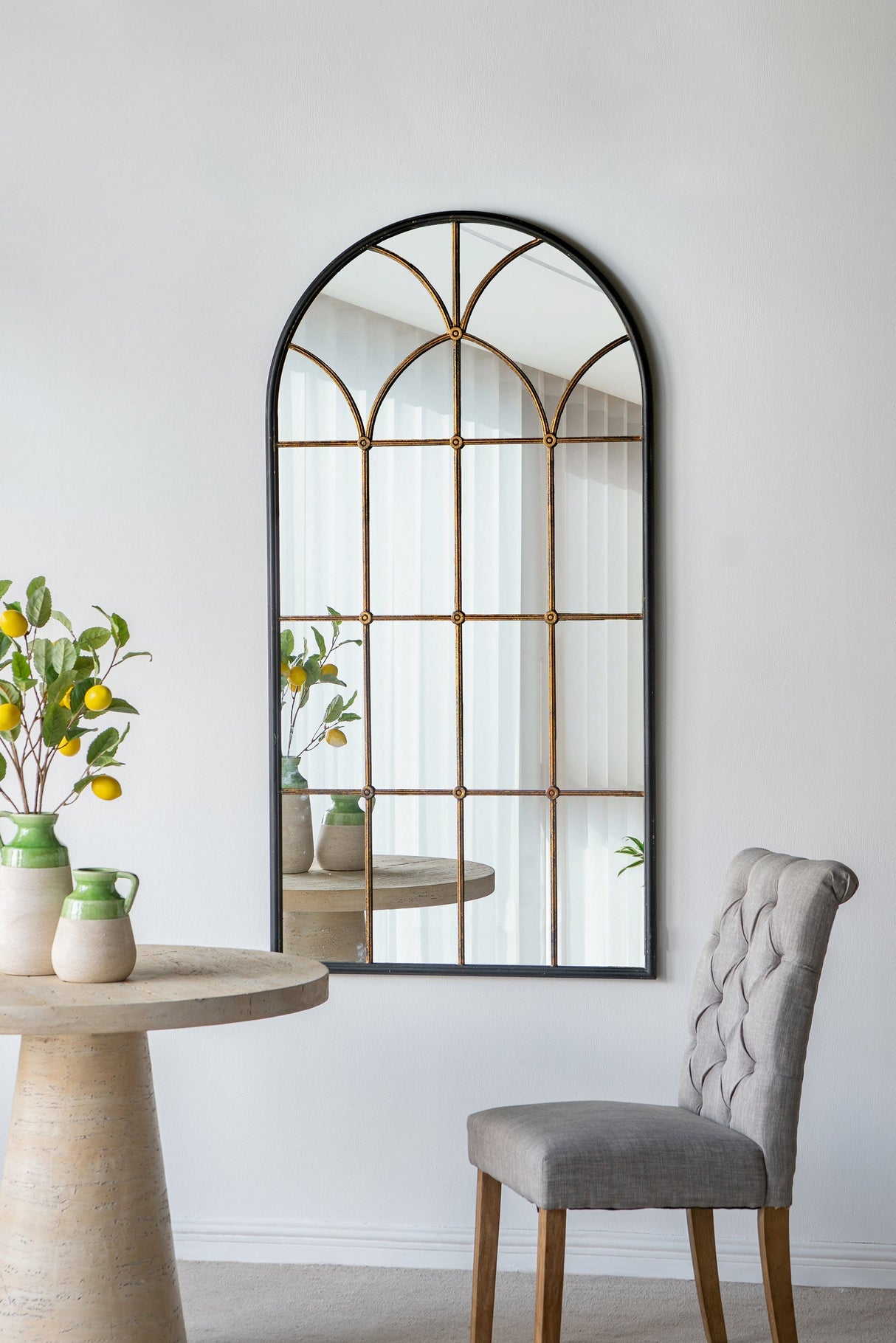 34x65.5' Arched Full-Length Mirror with Black and Gold Windowpane Design