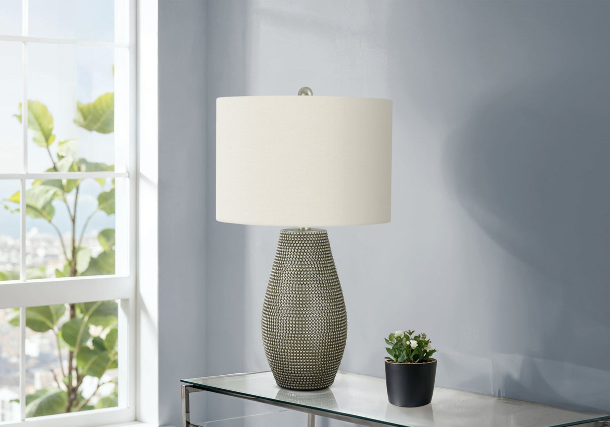 Lighting, 24'h, Table Lamp, Grey Resin, Ivory / Cream Shade, Contemporary