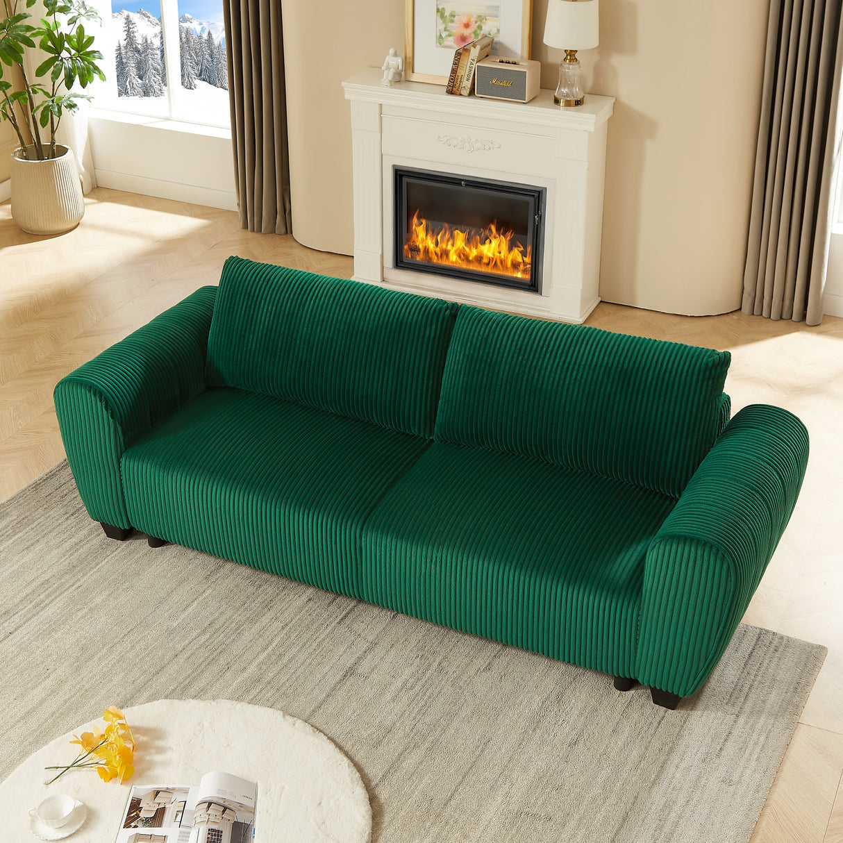 Corduroy Upholstered 3 Seat Sofa Couch 2-in-1 Convertible Green