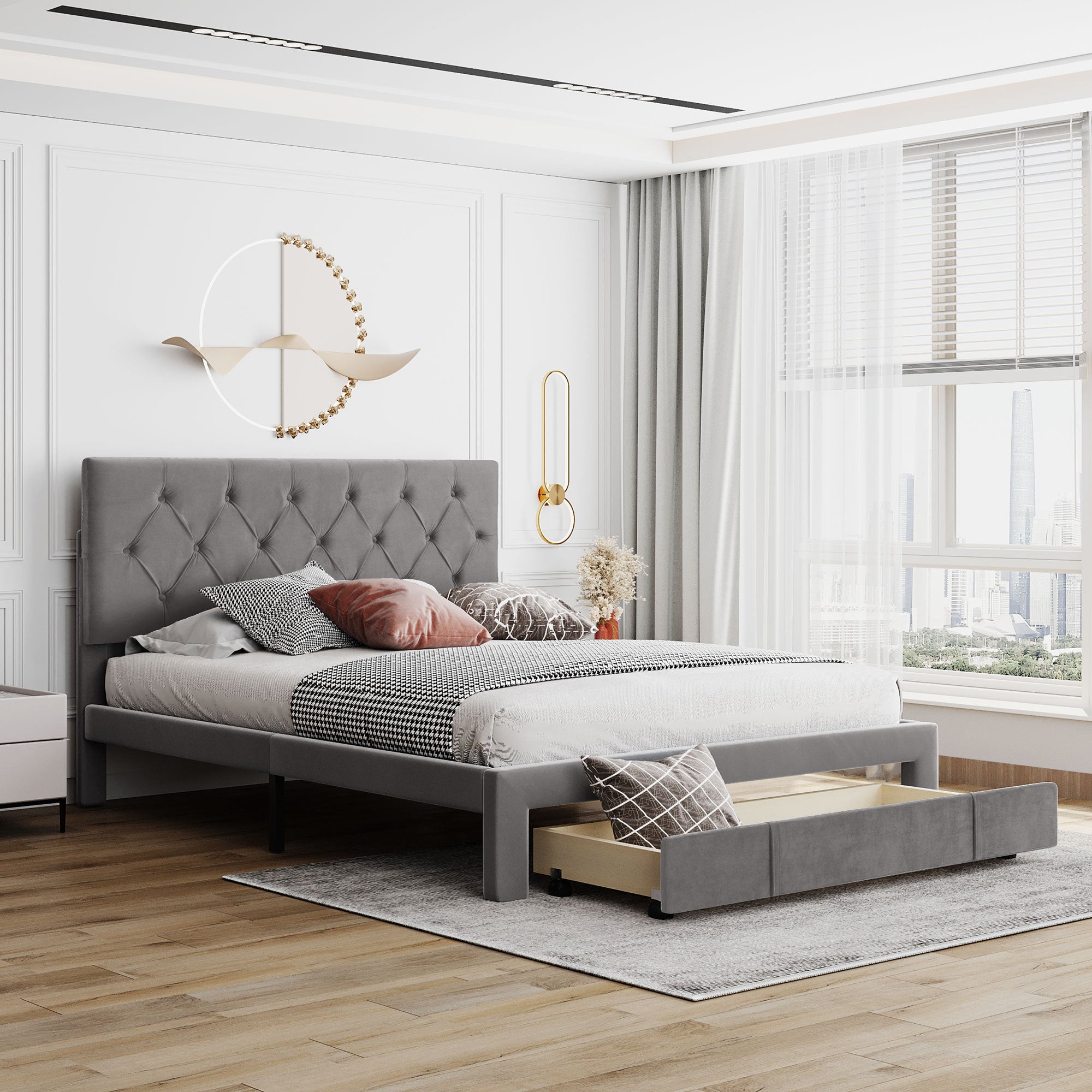 Queen-Size-Storage-Bed-Velvet-Upholstered-Platform-Bed-with-a-Big-Drawer-Grey-Beds-&-Bed-Frames