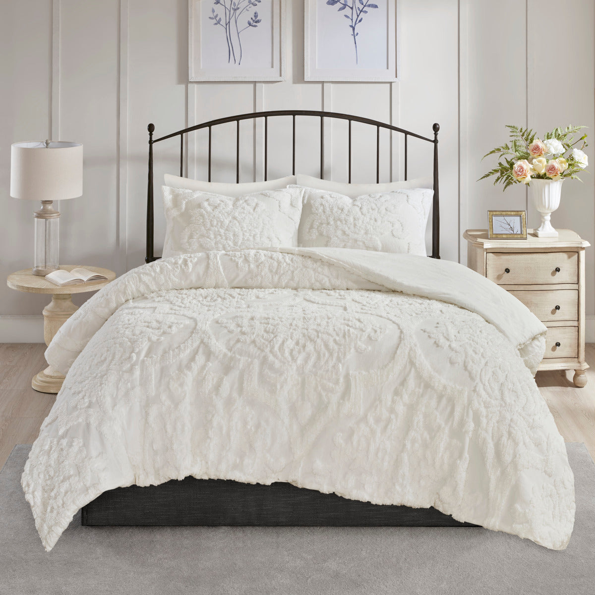 3 Piece Tufted Cotton Chenille Damask Comforter Set Off-White King/Cal King