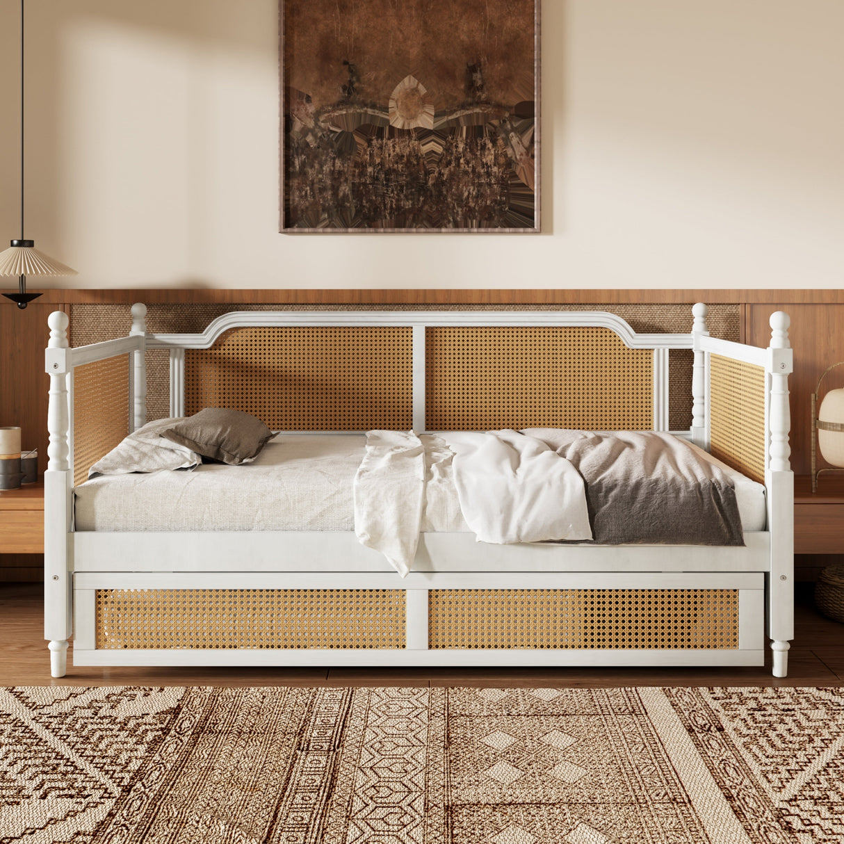 Traditional Style Rattan Twin Size Daybed with Twin Trundle