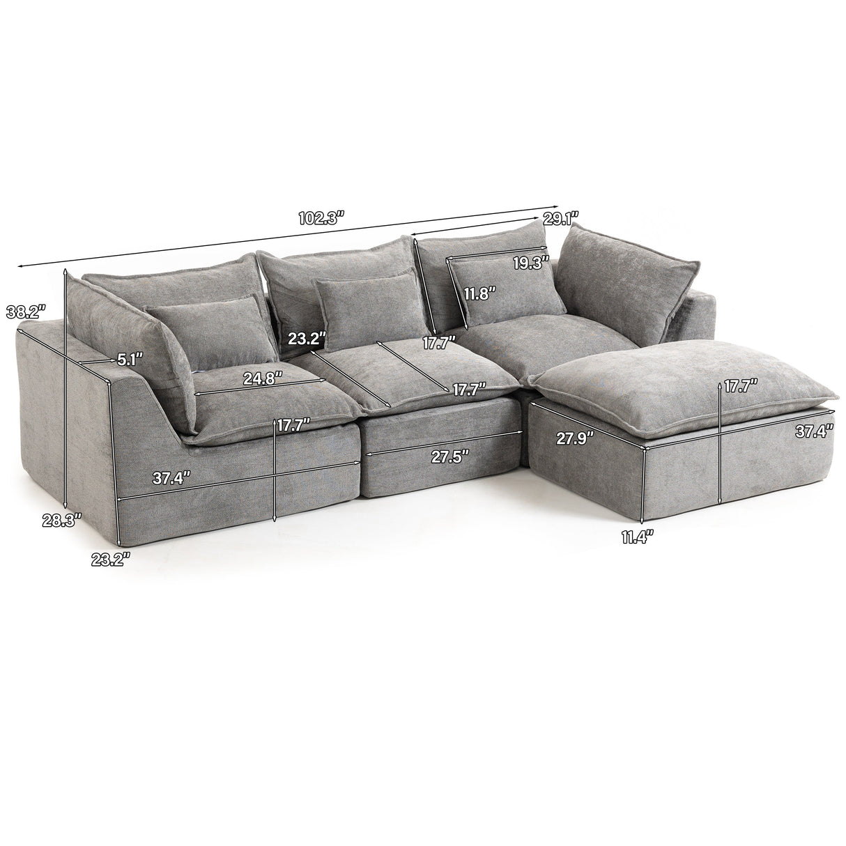 102.3" Width Cloud Couch Oversized Modular Sectional Sofa