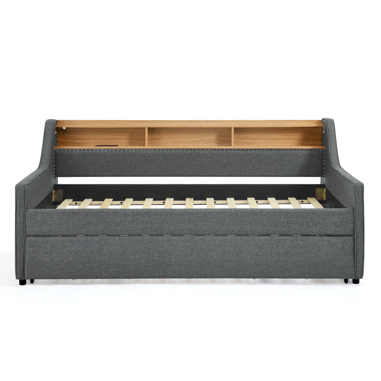 Upholstered Sofa Bed With LED Lights, Storage Headboard, Foldable Trundle & Wireless Charging