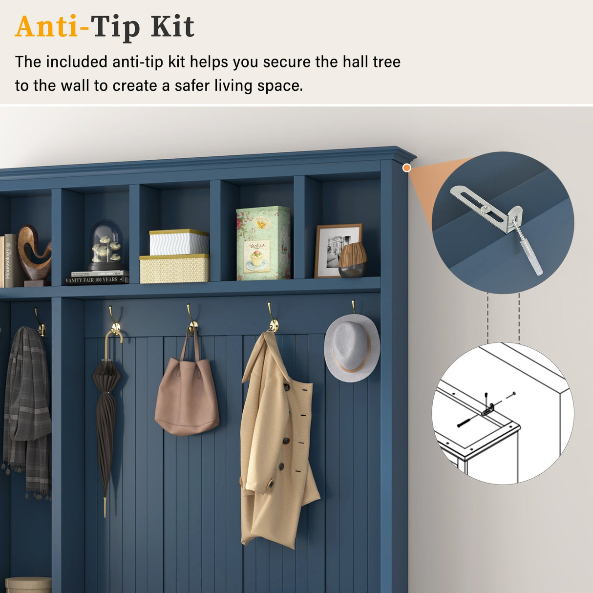 U-Can Entryway Hall Tree with Coat Hooks, Shoe Bench & Drawer Storage Cabinet