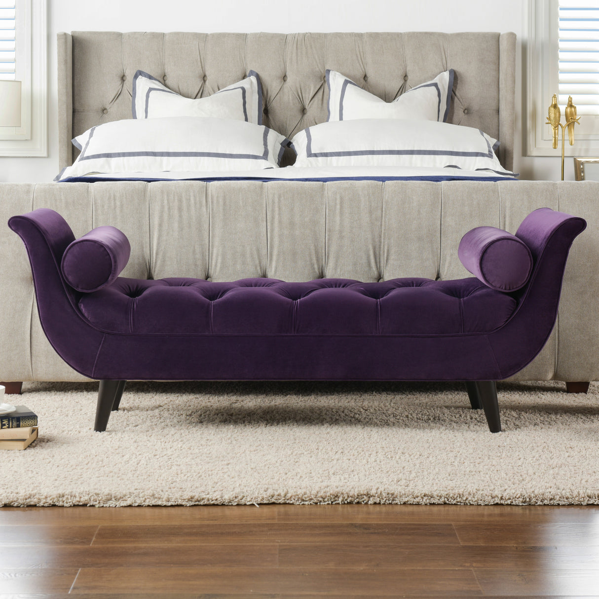 Alma-Tufted-Flared-Arm-Entryway-Bench,-Purple-Velvet-Benches