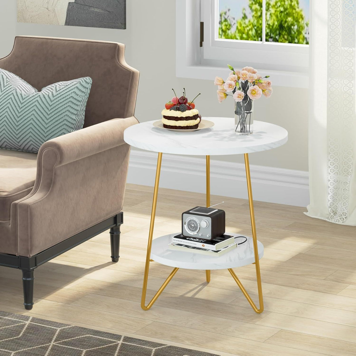 Round End Table With Hairpin Legs, 2 Tier For Living Room - White / Gold