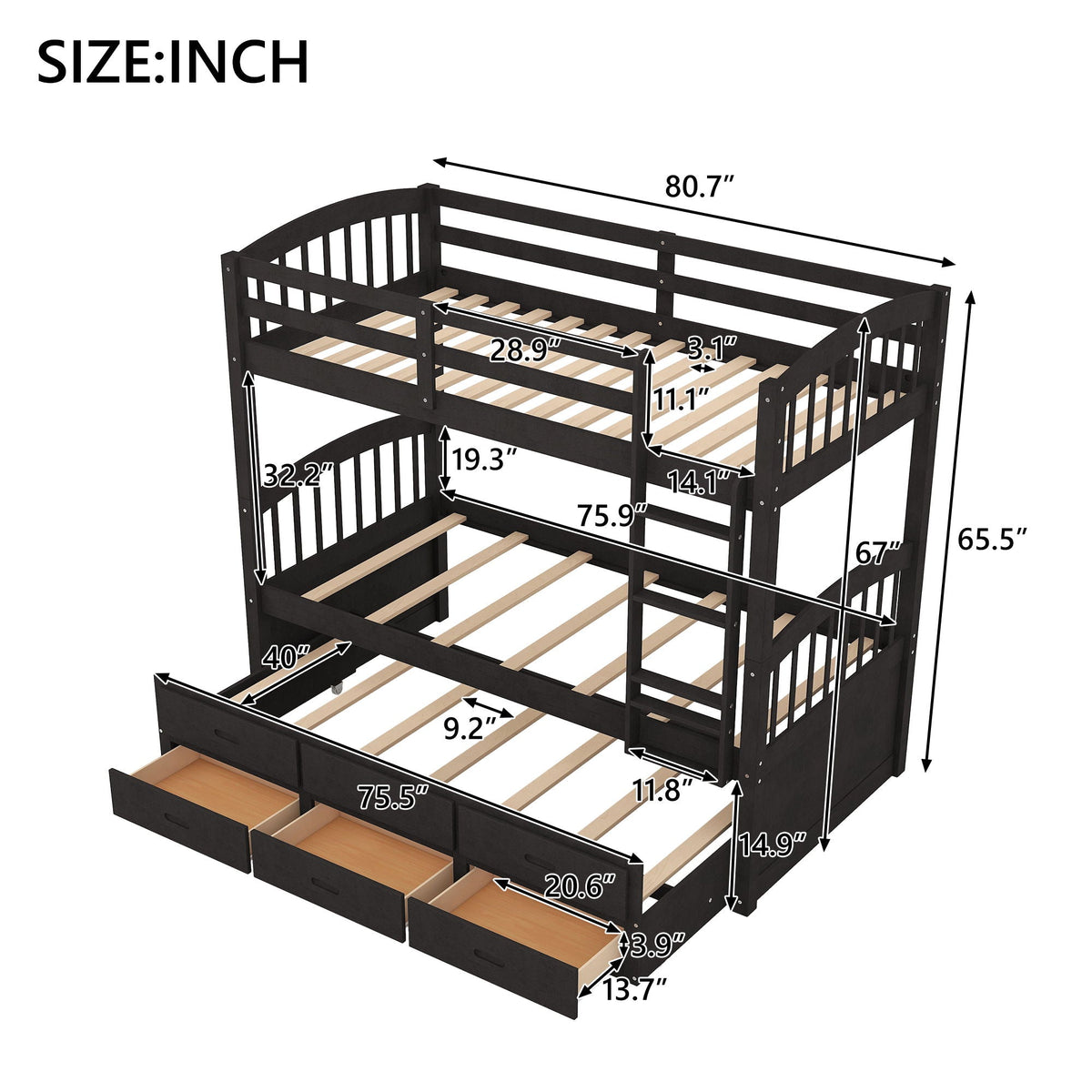 Bunk Bed With Trundle And Drawers, Arched Headboard And Footboard