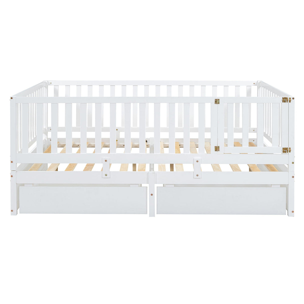 Daybed With Fence Guardrails And 2 Drawers, Split Into Independent Floor Bed & Daybed