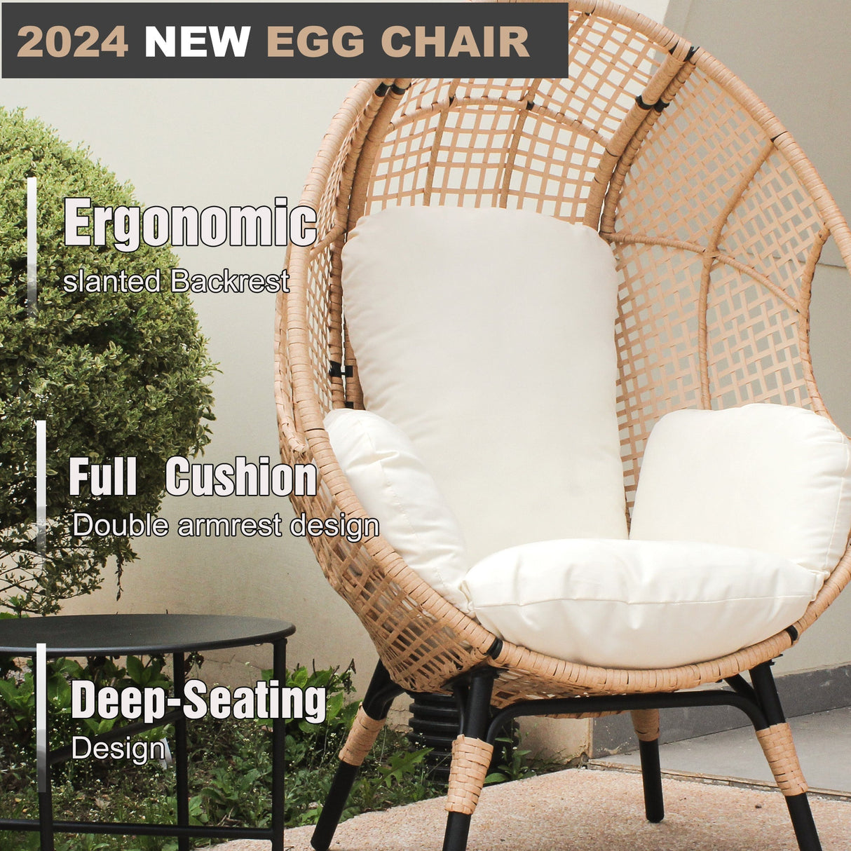 New Grid Style PE Wicker Weaving Patio Egg Chair with Natural Color Rattan Beige Cushion