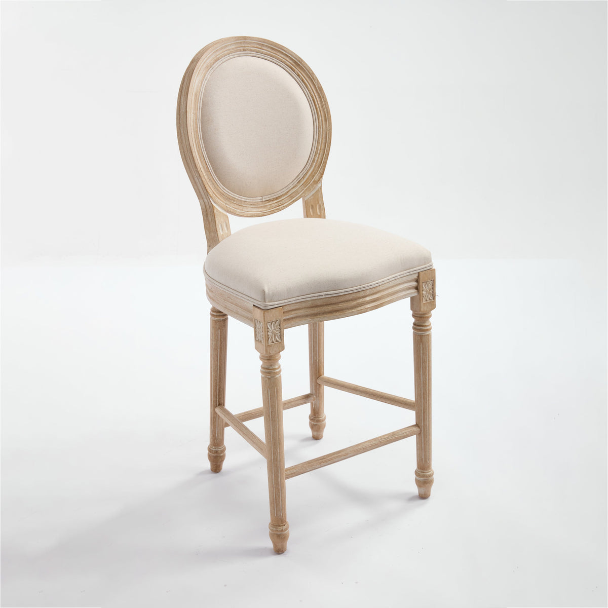 French Country 26'' Height Bar Chairs with Beige Linen Upholstery - Set of 2