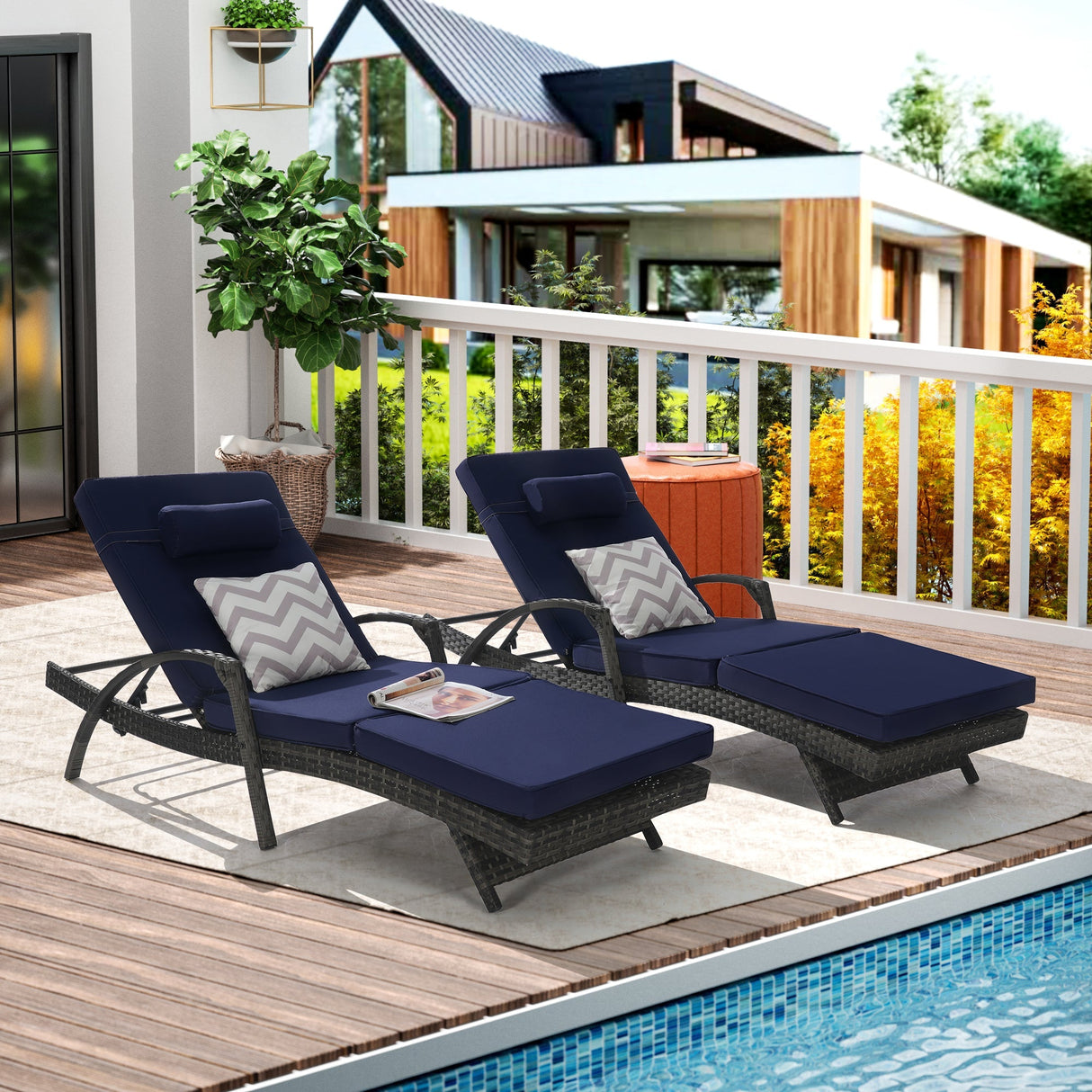 Outdoor Wicker Reclining Chair Set of 2 with Cushions