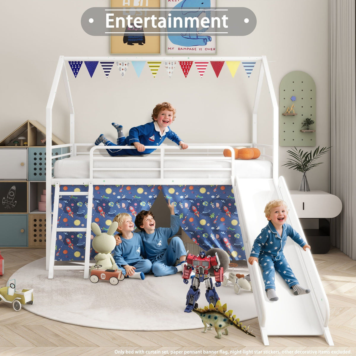 Jack - House Loft Bed With Slide And Curtain Set