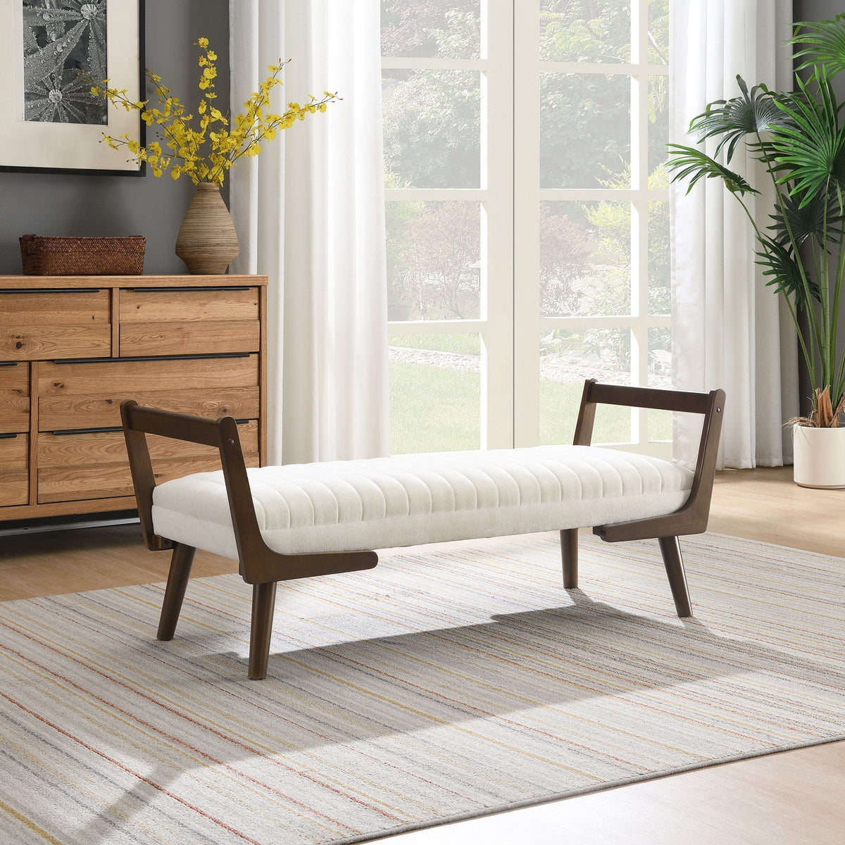 Mid-Century Bench with Wood Legs - Upholstered Seating - Beige or Dark Brown
