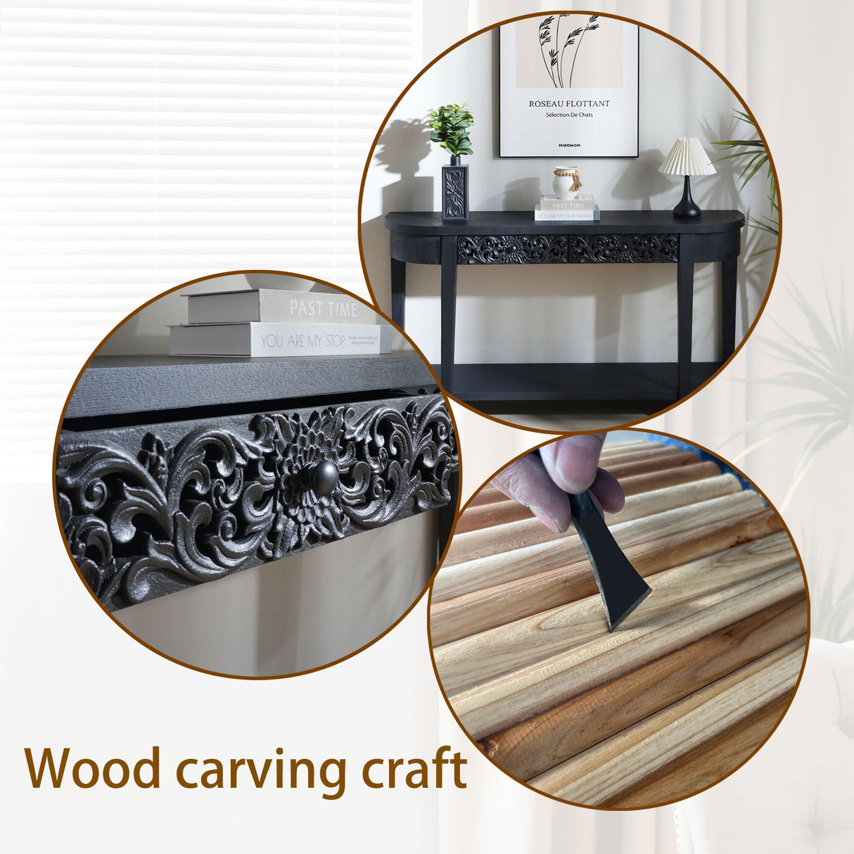 59.2in Black Carved Wooden Console Table with Lower Storage Shelf Tow Drawers– Elegant Decorative Accent for Entryway, Living Room, and Hallway