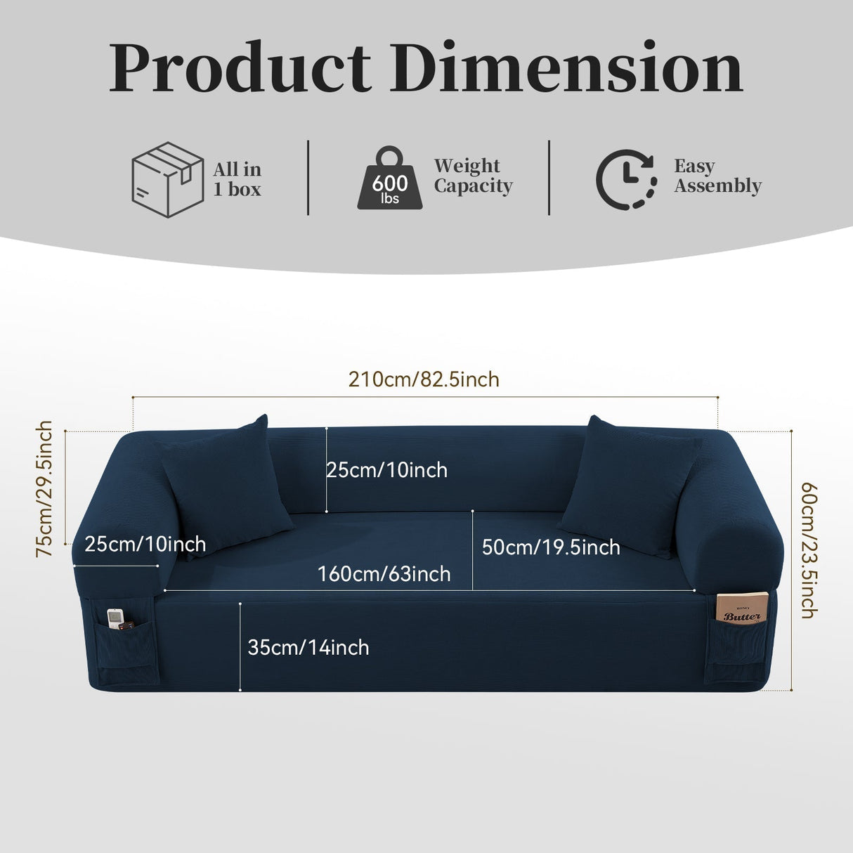 Spring Sofa with High-Quality Fabric, Pillows & Storage - Blue