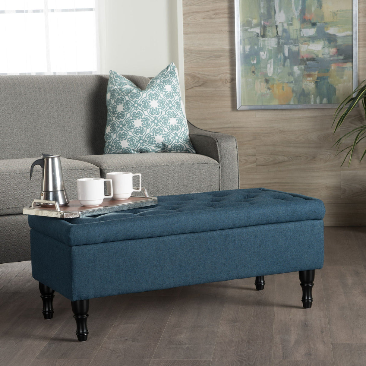 Hyatt - Suede Storage Ottoman With Tufted Top And Dark Wooden Legs - Navy Blue