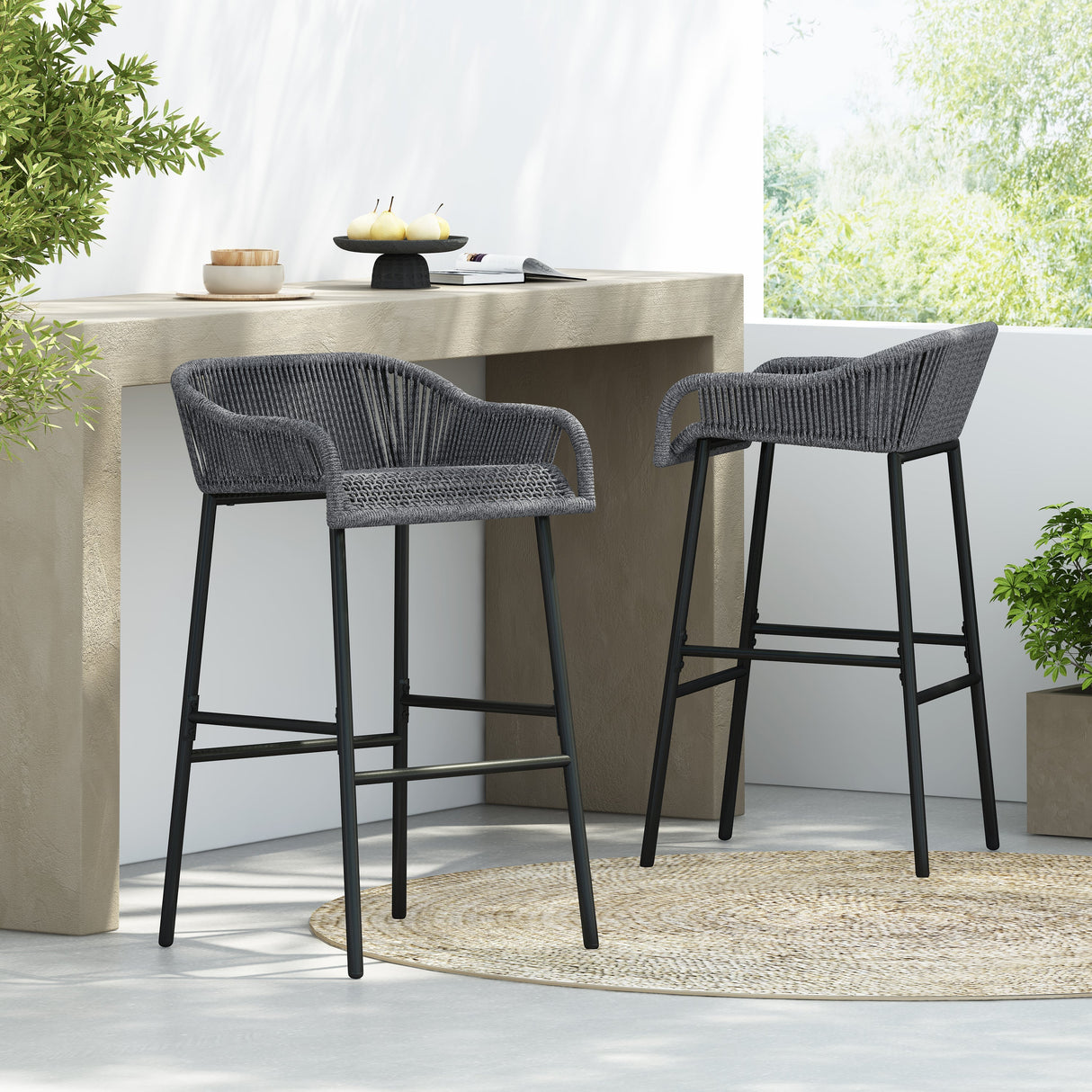 La Push Outdoor Patio Dark Gray Rope Barstool (Set of 2)