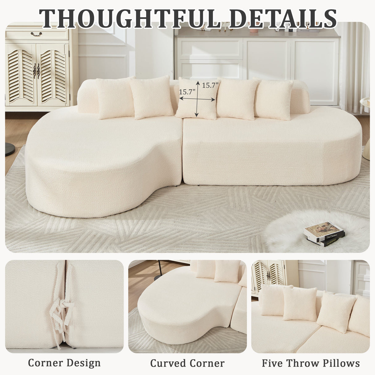 110.2'' Curved Sectional Sofa with 5 Pillows - Ivory