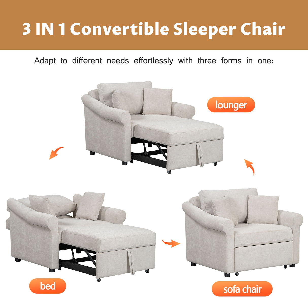 Convertible Sleeper Chair With Adjustable Backrest, 3 In 1 Lounger Chair Turns Into Bed, Single Bed For Living Room