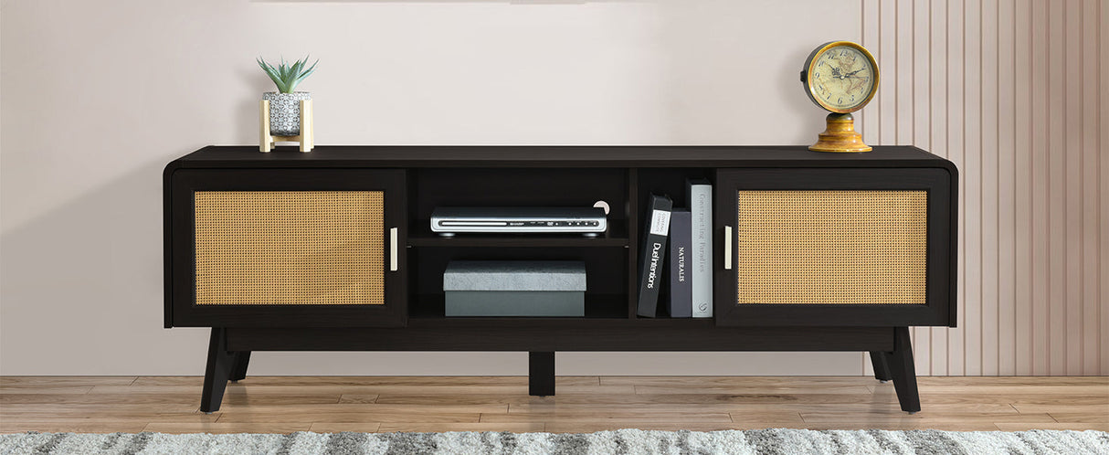 63'' Dark Rattan TV Stand with 2 Storage Cabinets and Solid Wood Legs