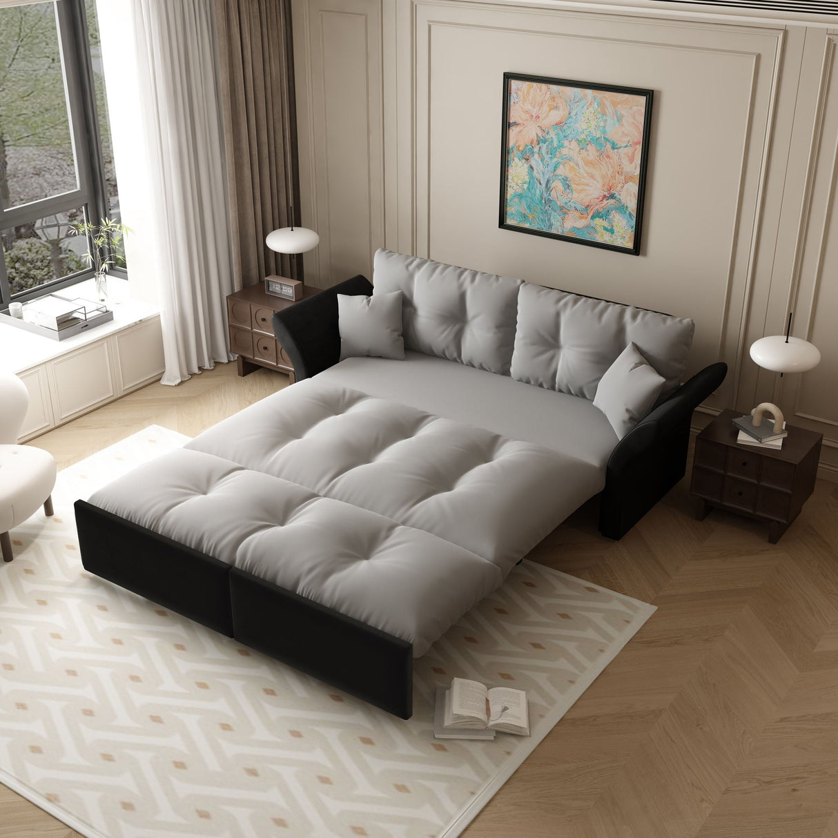Queen Pull Out 3-in-1 Convertible Sleeper Tufted Sofa & 2 Soft Pillows