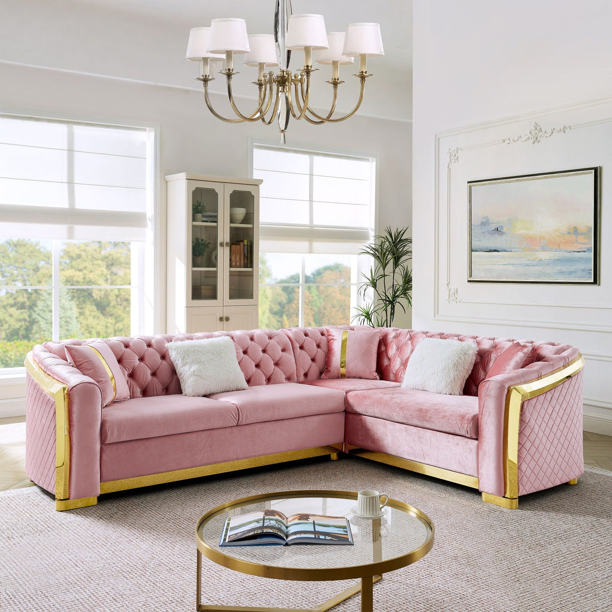 L Shaped Chesterfield Sectional Sofa With Stainless Steel Accents