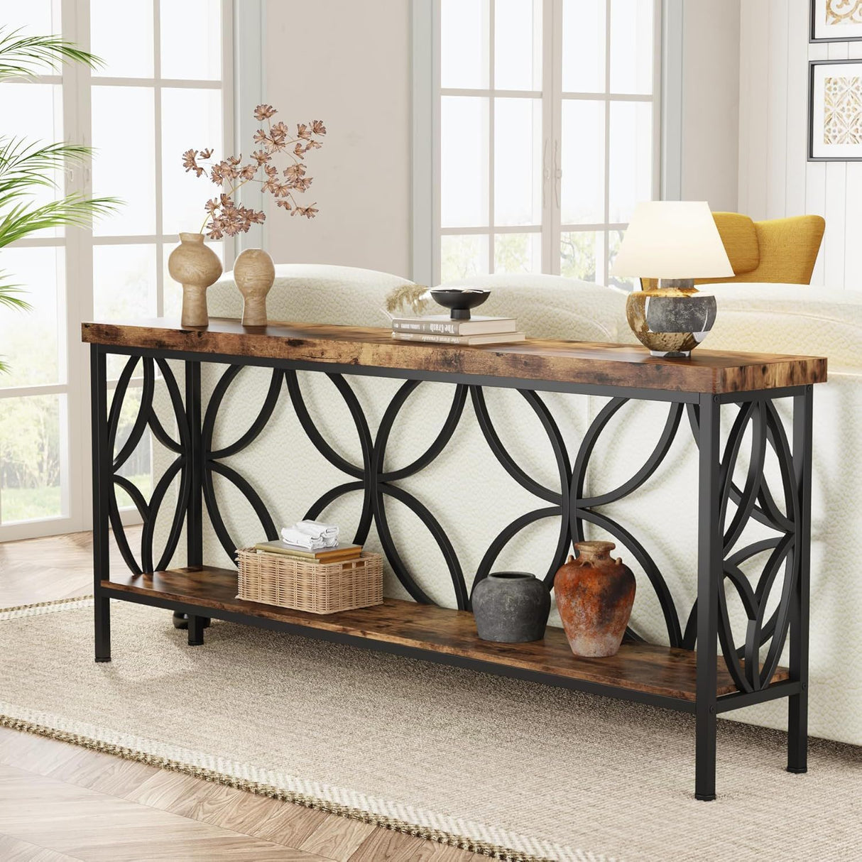 Extra Long Console Table With Open Storage Shelves