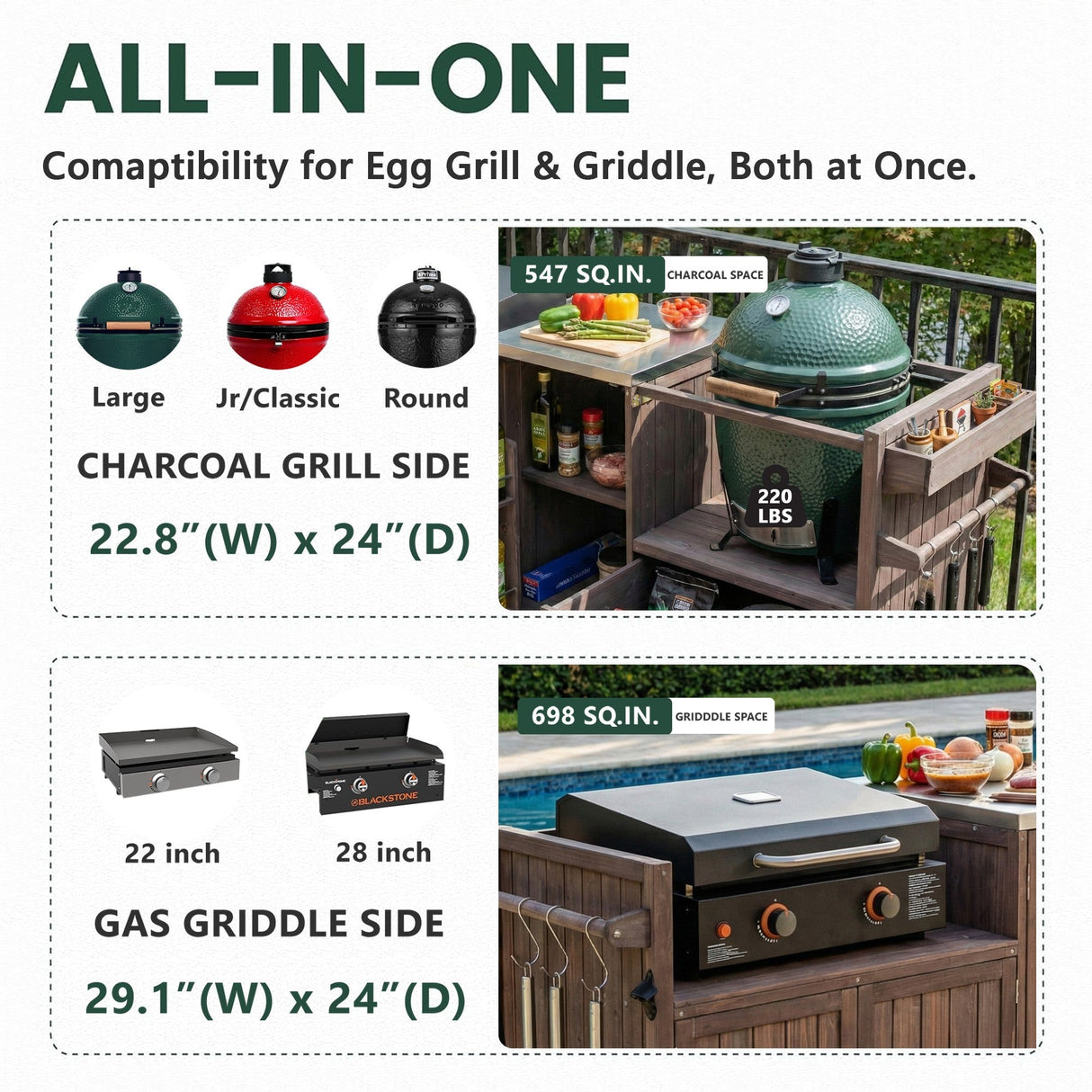 K&K 80.5' Outdoor Kitchen Island for Big Green Egg & Blackstone Griddle