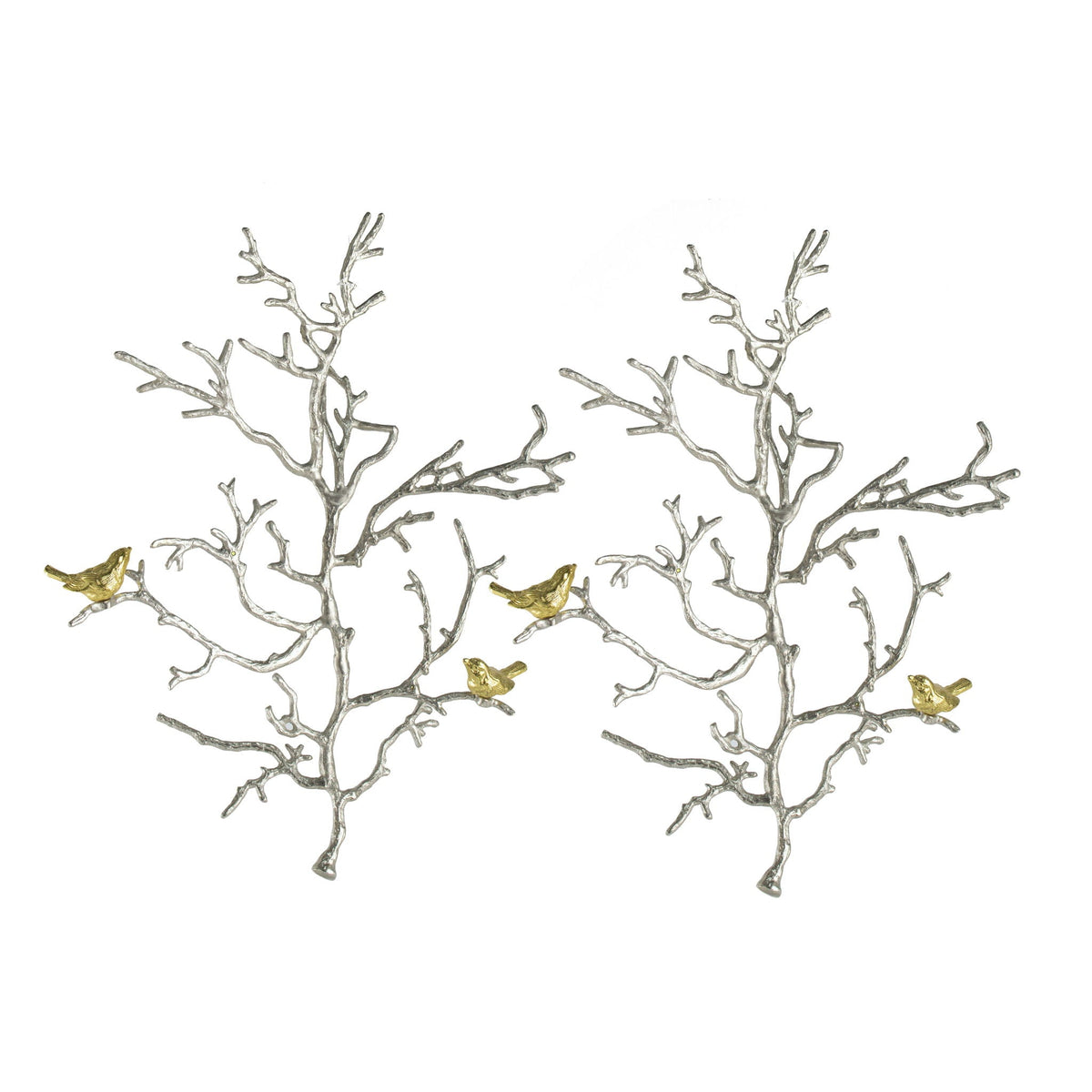 Metal Branch Wall Sculptures With Bird Accents (Set of 2) - Silver Multi