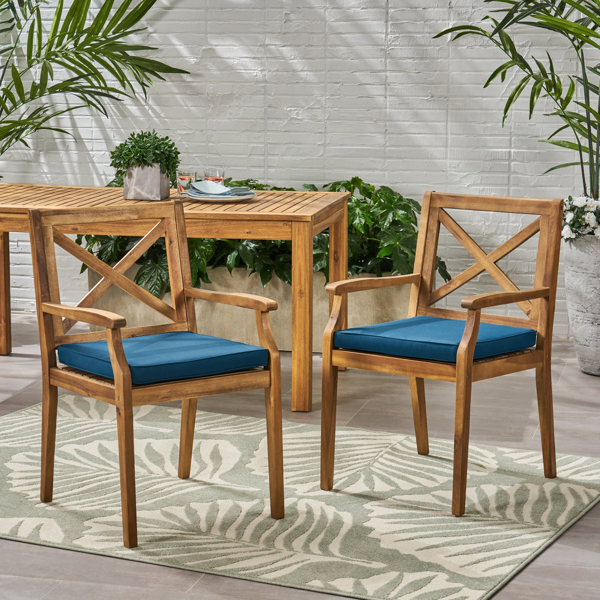Acacia Wood Outdoor Dining Chairs with Blue Cushions - Set of 2
