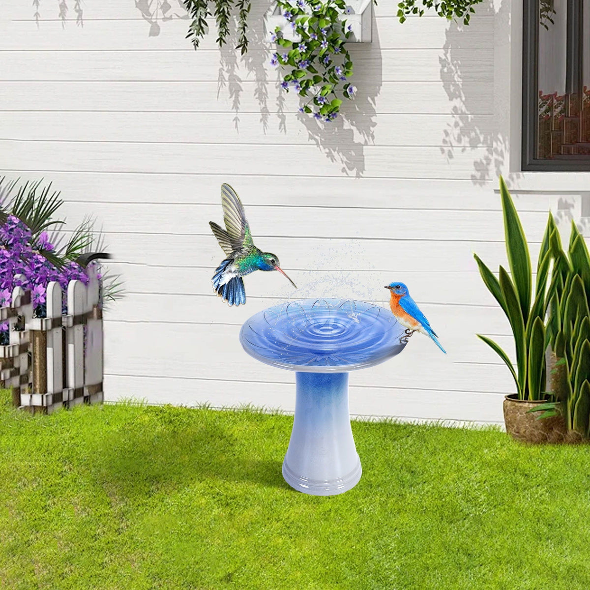 Blue Gray Ceramic Birdbath with Weather-Resistant Finish - Blue Gray