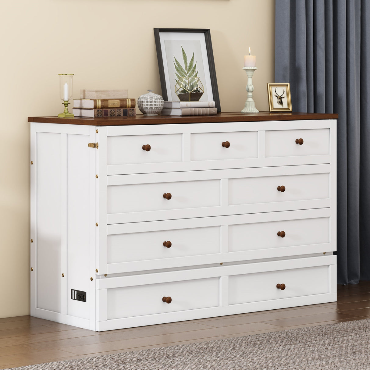 Solid Pine Murphy Bed Chest with Charging Station and Large Storage Drawer - Queen - White+Walnut