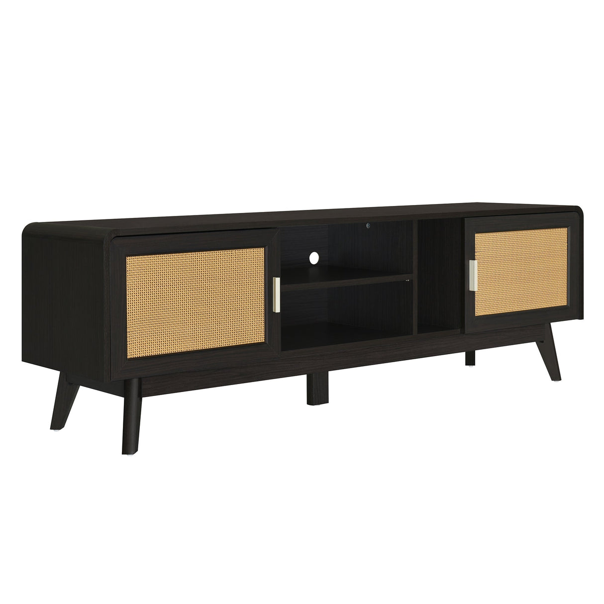 63'' Dark Rattan TV Stand with 2 Storage Cabinets and Solid Wood Legs
