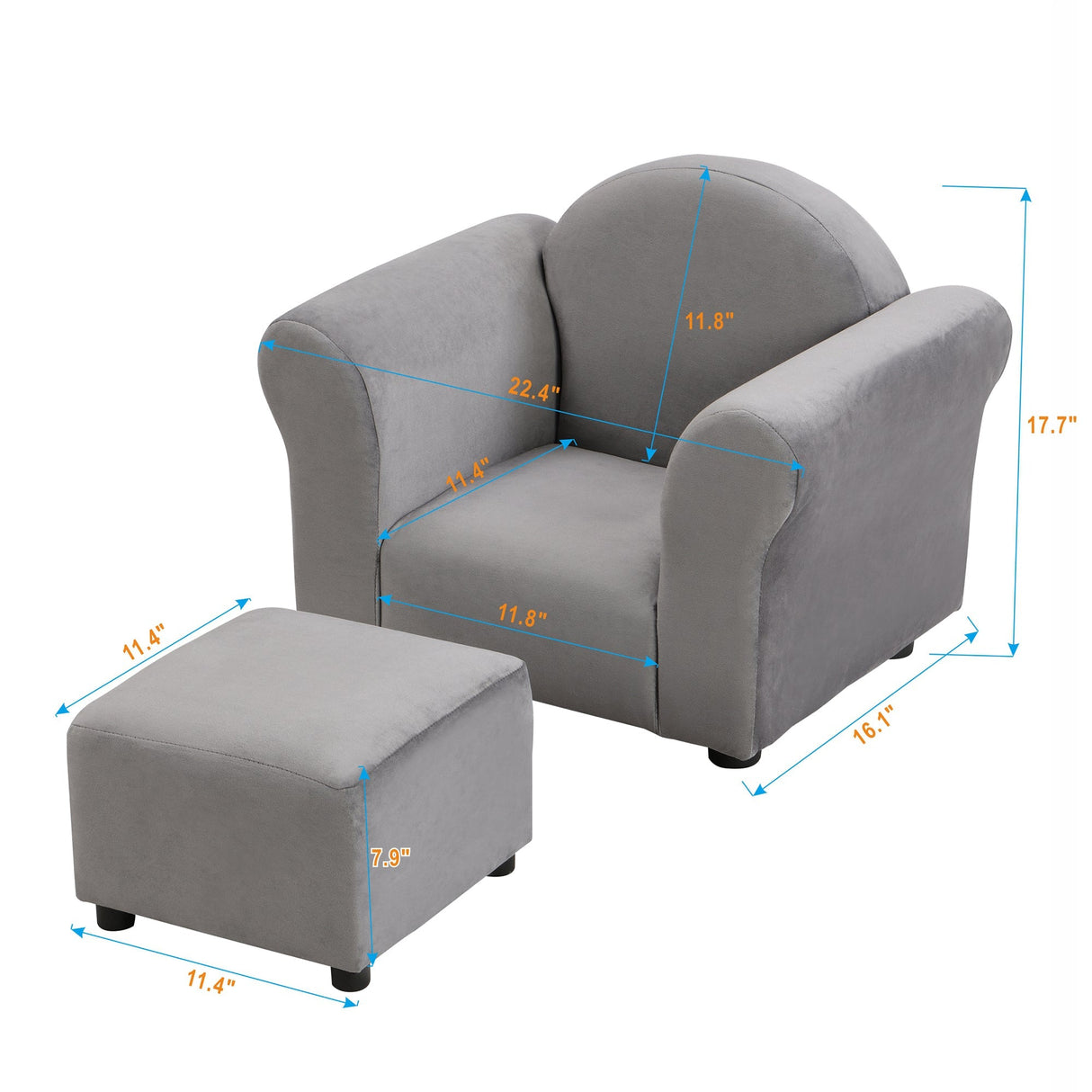 Kids Gray Velvet Upholstered Chair with Ottoman