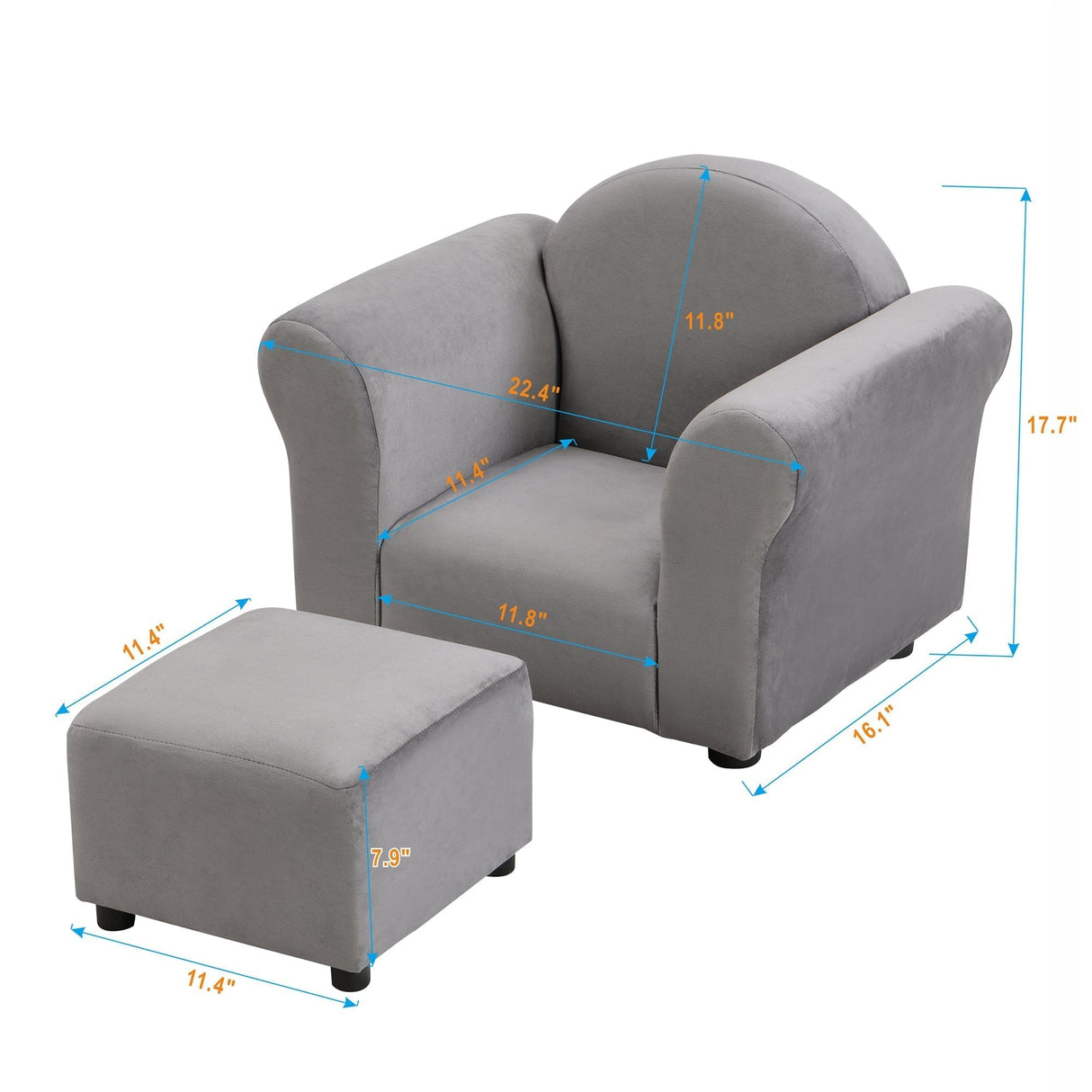 Kids Gray Velvet Upholstered Chair with Ottoman