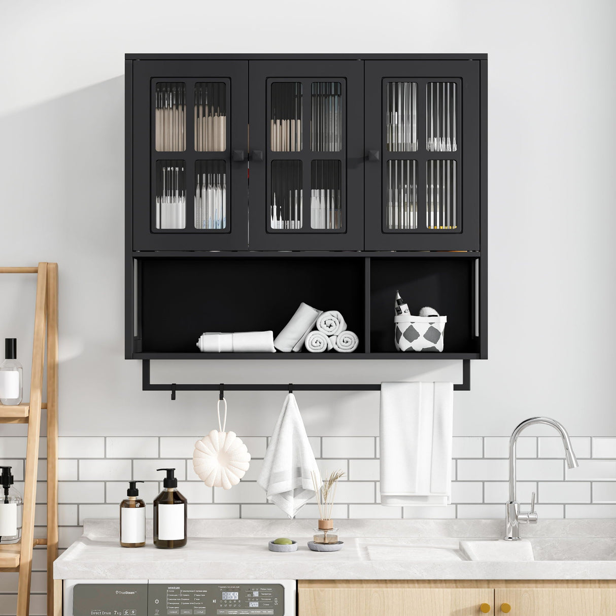 3 Door Wall Cabinet With Glass Door And Towel Bar