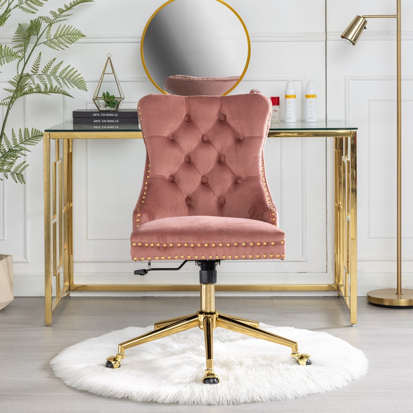 Velvet-Upholstered-Tufted-Chair-with-Golden-Metal-Adjustable-Swivel-Base-Pink-Chairs-&-Seating